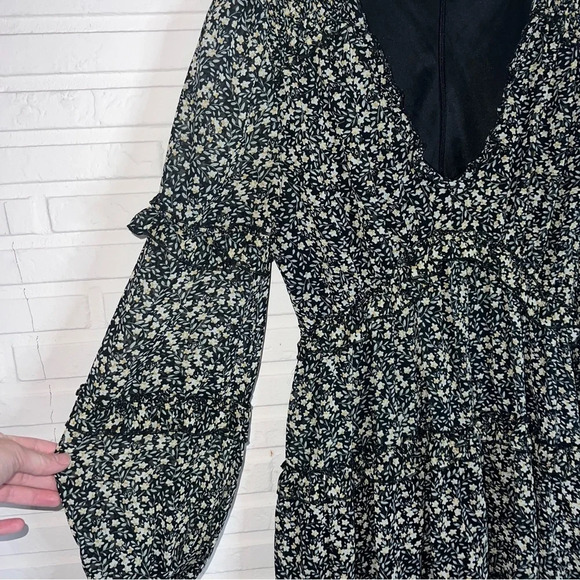 Altar’d State Black Floral Tiered Plunge Neck Boho Mini Dress, Size Medium - Picture 8 of 8